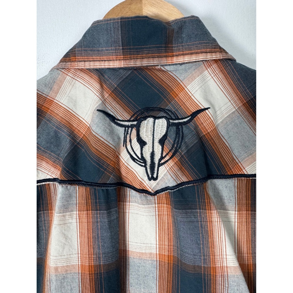 Western Cowboy Hardware Kids Med Shirt Orange Blue Plaid Bull Skull Snap Front - Picture 4 of 10